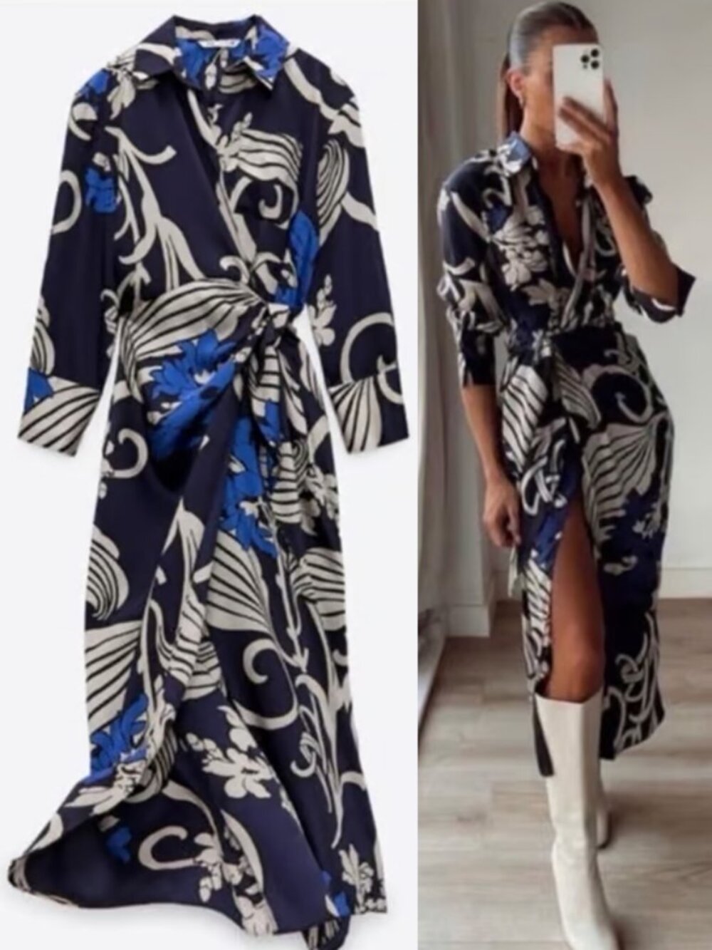 Zara Navy Blue Floral Wrap Maxi Dress with White & Royal Blue Print